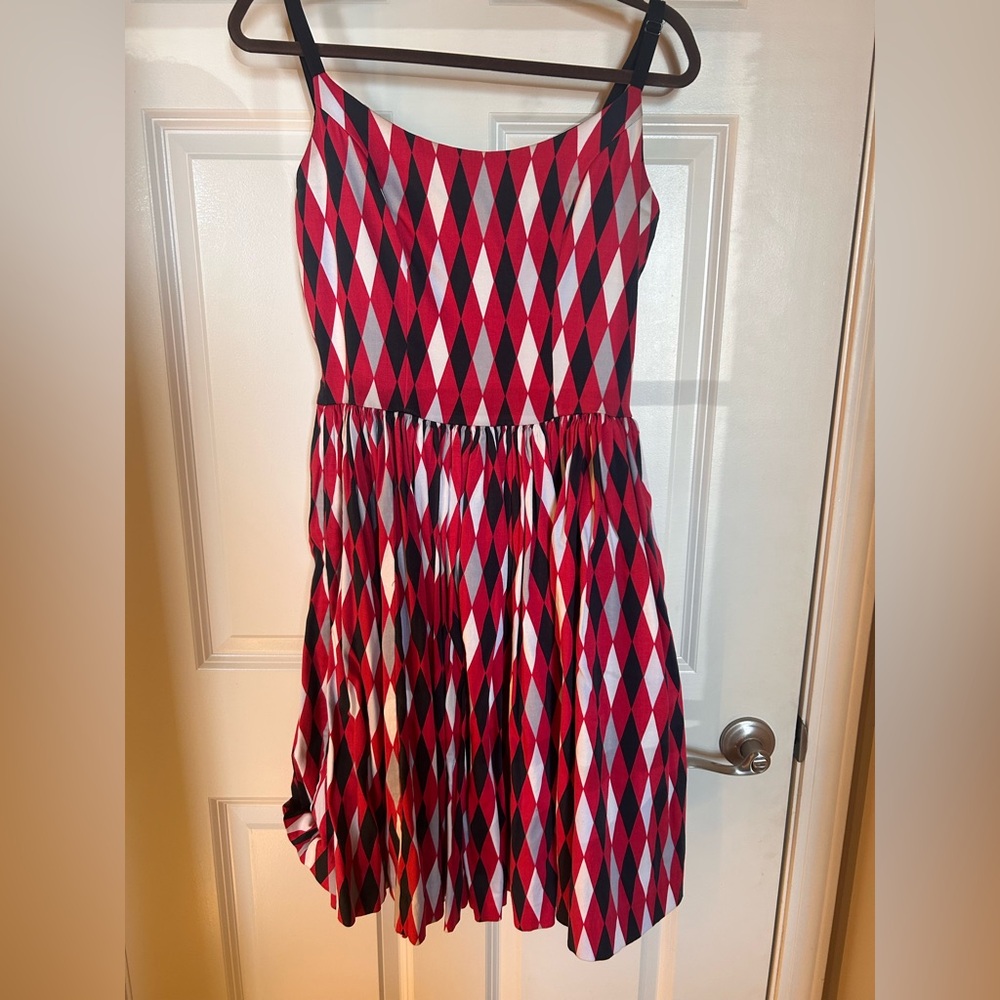 Pinup Couture Red Black White Argyle-Print Spaghetti Strap Midi Dress